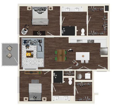 Floor plan for 2 beds, 2 baths, 1177 sqft